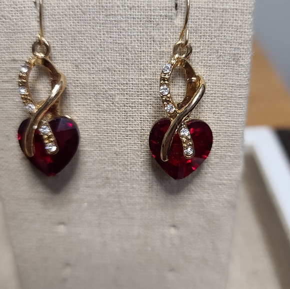 COPY - Gold Ribbon Earrings with Red Crystal Hearts - Picture 2 of 5